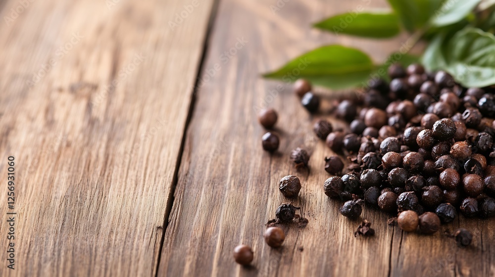 Poster close up of black pepper seeds scattered on a rustic wooden table surface : generative ai