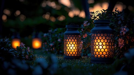 Illuminated garden lanterns glow softly amidst lush greenery at twilight, creating a serene atmosphere