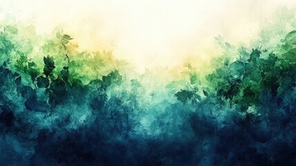 Lush green foliage blending into a serene misty background at dawn, evoking tranquility and nature