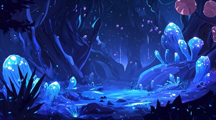 Glowing crystals in enchanted forest, magical night background, fantasy game scene