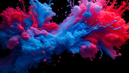 Fototapeta premium Acrylic blue and red colors swirling in water, creating vibrant ink blots, against a deep black background, with the colors blending and contrasting sharply.