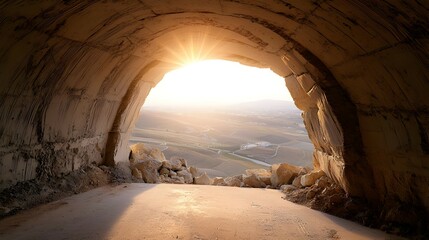 Tunnel Opening Sunrise View Over Valley