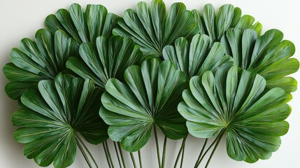 A vibrant arrangement of large, fan-shaped green leaves set against a light background, showcasing their natural beauty