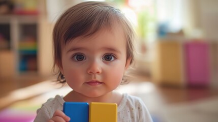 Hispanic baby girl, about eight months old, plays with colorful blocks in a bright playroom