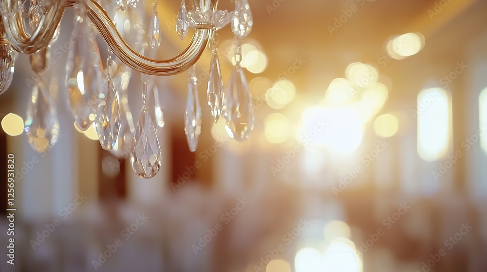 Poster elegant chandelier with sparkling crystals glowing softly in a warm and inviting interior ambiance :