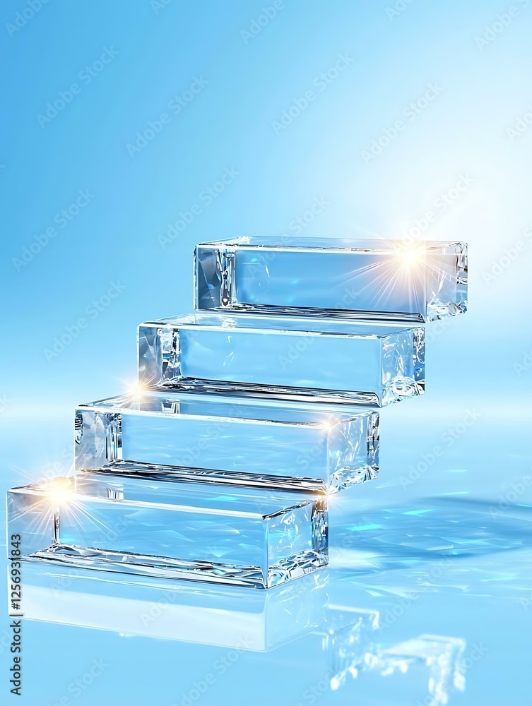Poster clear glass blocks stacked in ascending order with bright reflections on blue background chart frame