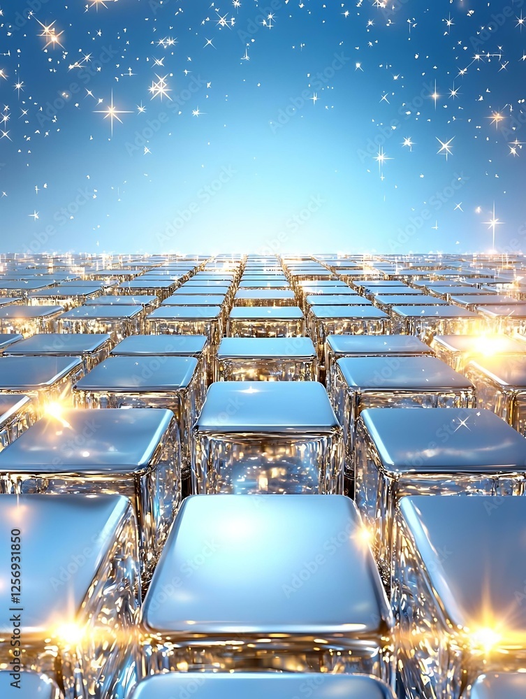 Poster sparkling glass cubes reflecting light against a dreamy starry background chart framework triple