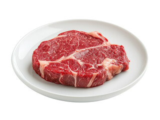 A fresh, raw ribeye steak placed on a white plate in high-resolution transparent PNG. Perfect for butcher shop branding, steakhouse menus, and fresh meat packaging