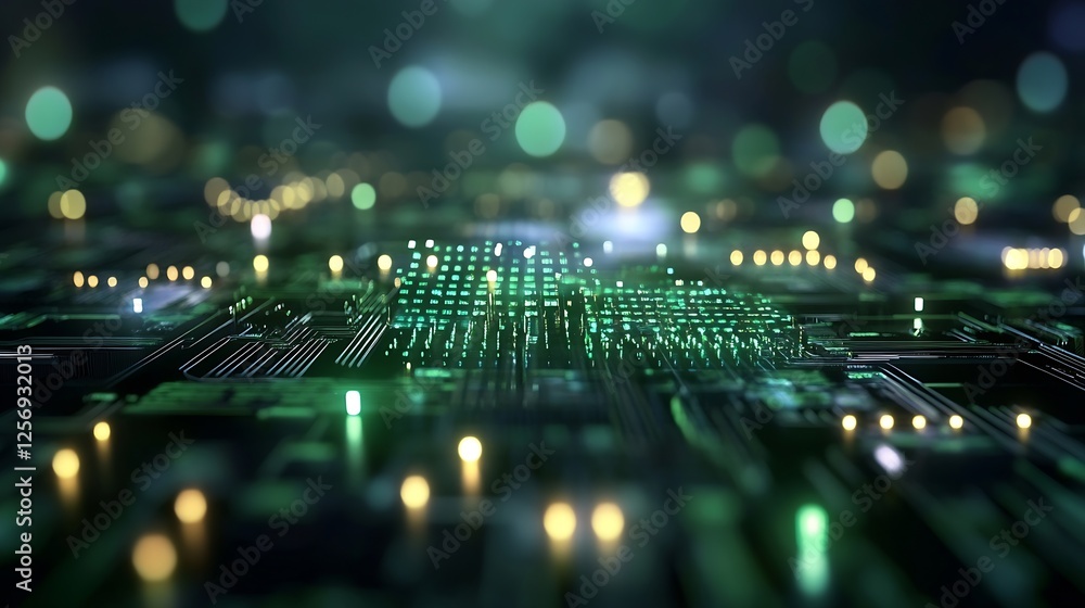 Poster Stunning abstract view of a microchip with glowing lights and circuitry in vibrant green hues : Generative AI
