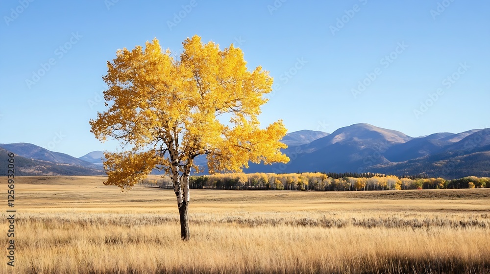 Poster beautiful solitary yellow tree standing in a serene field against a backdrop of mountains and blue s