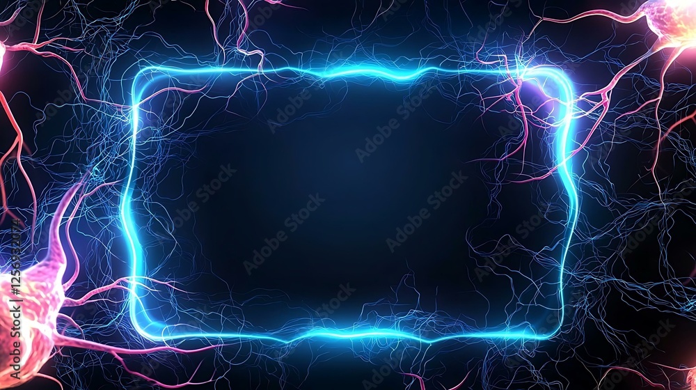 Poster abstract background with electric blue neon frame and bright energy lines in dark space chart framew