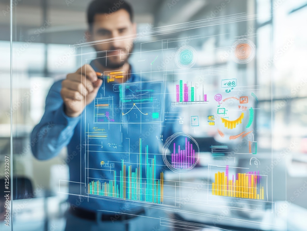 Poster Man pointing at screen displaying graphs and charts in a modern office environment