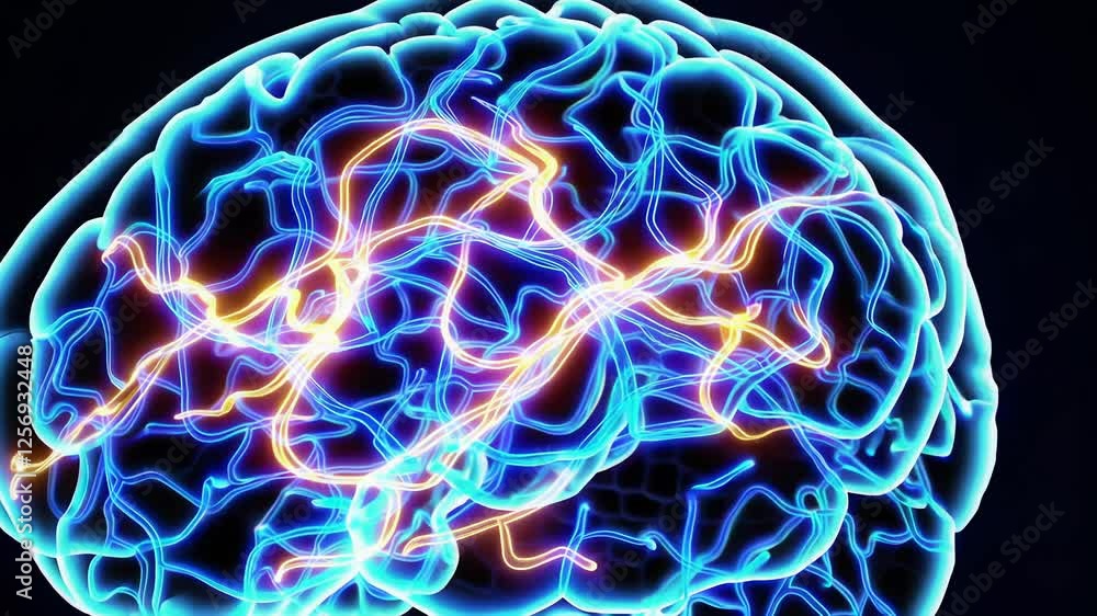 Poster glowing neural pathways in motion highlight brain activity and connectivity