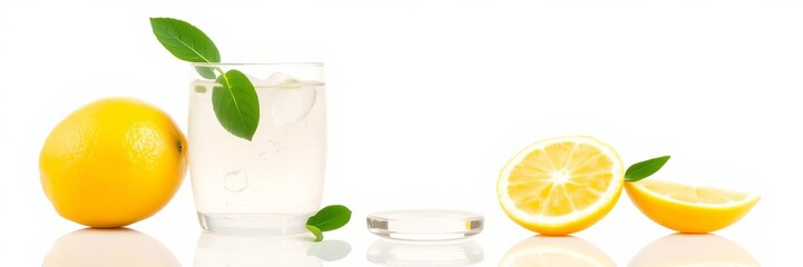 Fresh sliced lemon in a glass of water with bubbles on a clean white background, vibrant, healthy, clean