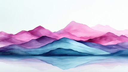 Serene watercolor landscape featuring layered mountains in shades of pink and blue, reflecting in still water