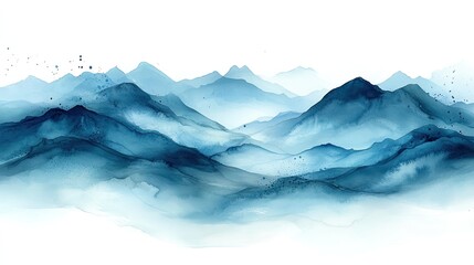 Tranquil watercolor landscape depicting serene blue mountains under a soft sky
