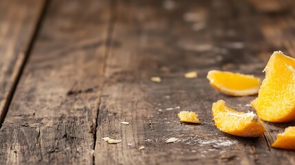Fresh orange slices scattered on rustic wooden table showcasing vibrant colors and textures : Generative AI