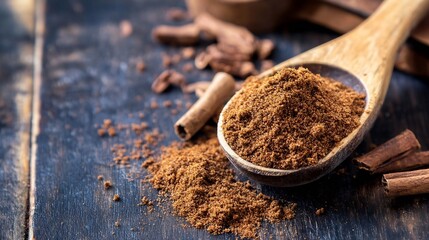 Wooden spoon filled with aromatic ground cinnamon and spices on aged wooden table : Generative AI