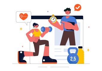 Wellness Coaching Vector Illustration Featuring a Sports Lesson or Fitness Course, Working Out with a Personal Coach, and Receiving Tailored Guidance