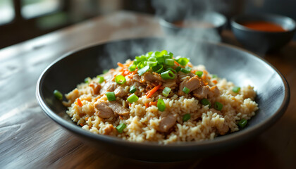 Steaming bowl of chicken fried rice with fresh green onions topping