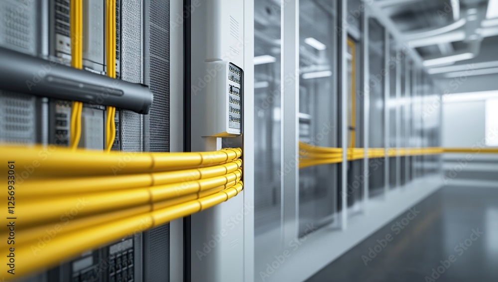 Poster exploring modern data center infrastructure: high-speed network cables and server racks in a cleanro