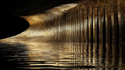 Surreal Interior Reflection of Golden Waves and Vertical Columns in Dark Water Environment