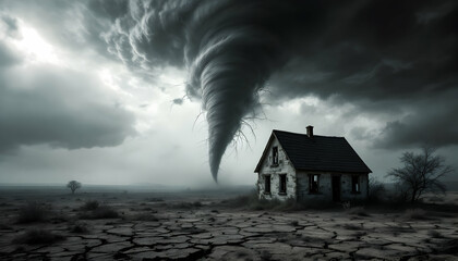 Impending doom, weathered house stands against an approaching tornado