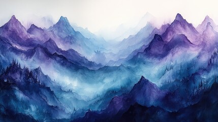 Serene watercolor landscape depicting majestic purple mountains under a soft, misty sky