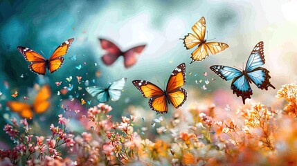Colorful butterflies fluttering over vibrant flowers in a serene garden setting