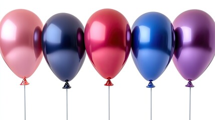 Colorful balloons in a row showcasing shiny surfaces and varied hues against a plain backdrop