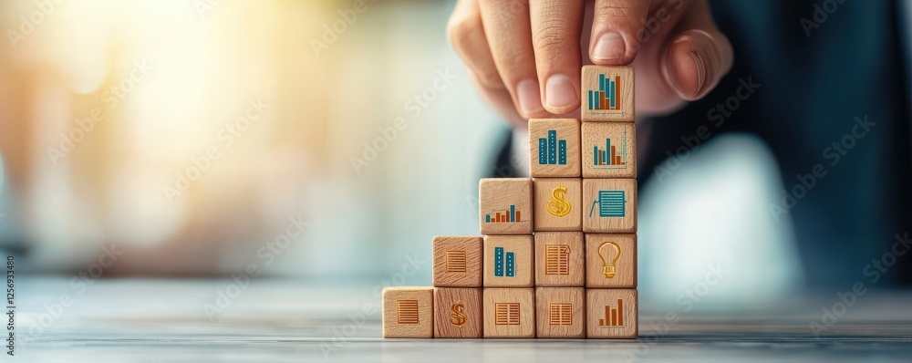 Poster successful investor growth mindset concept. building blocks arranged in a growth pattern, symbolizin