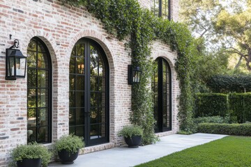 Obraz premium Beautiful brick home exterior with arched windows adorned with greenery on a sunny afternoon in a tranquil garden setting