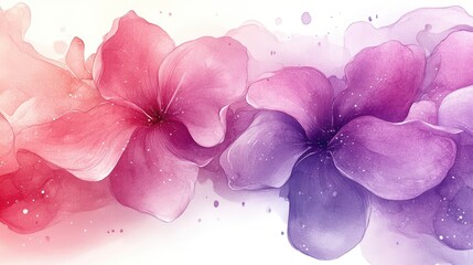 Vibrant watercolor illustration of pink and purple flowers blending softly on a white background