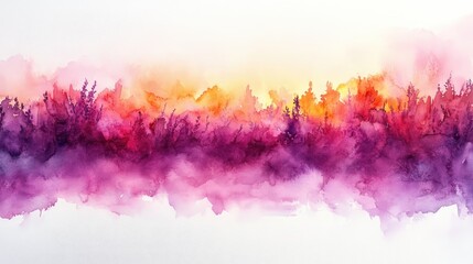 Vibrant watercolor landscape depicting a sunset over a forest with rich colors and textures