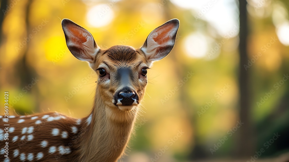 Poster closeup portrait of a curious fawn standing amidst a blurred forest background : generative ai