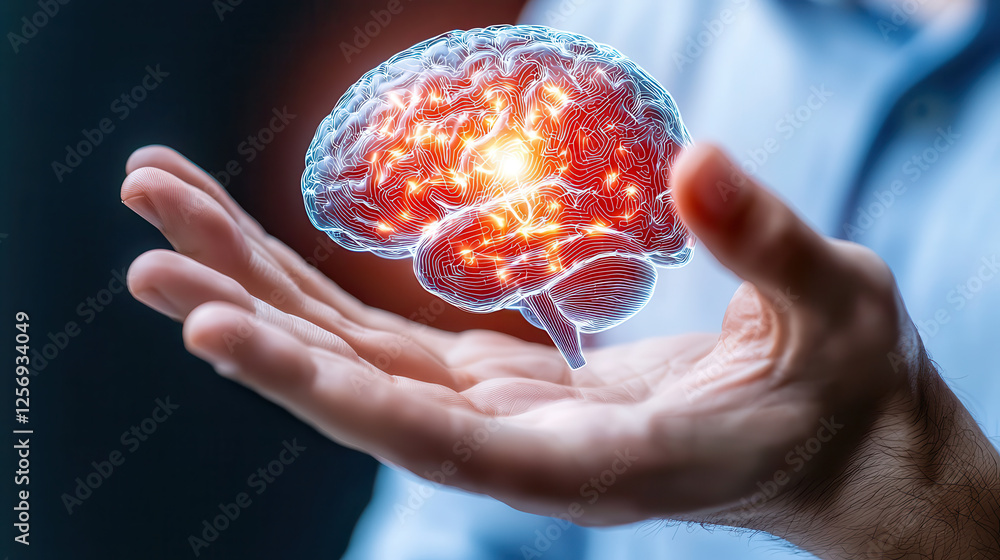 Poster futuristic brain computer interface device is held in hand, showcasing advanced technology and neural connections. glowing brain symbolizes innovation and cognitive enhancement