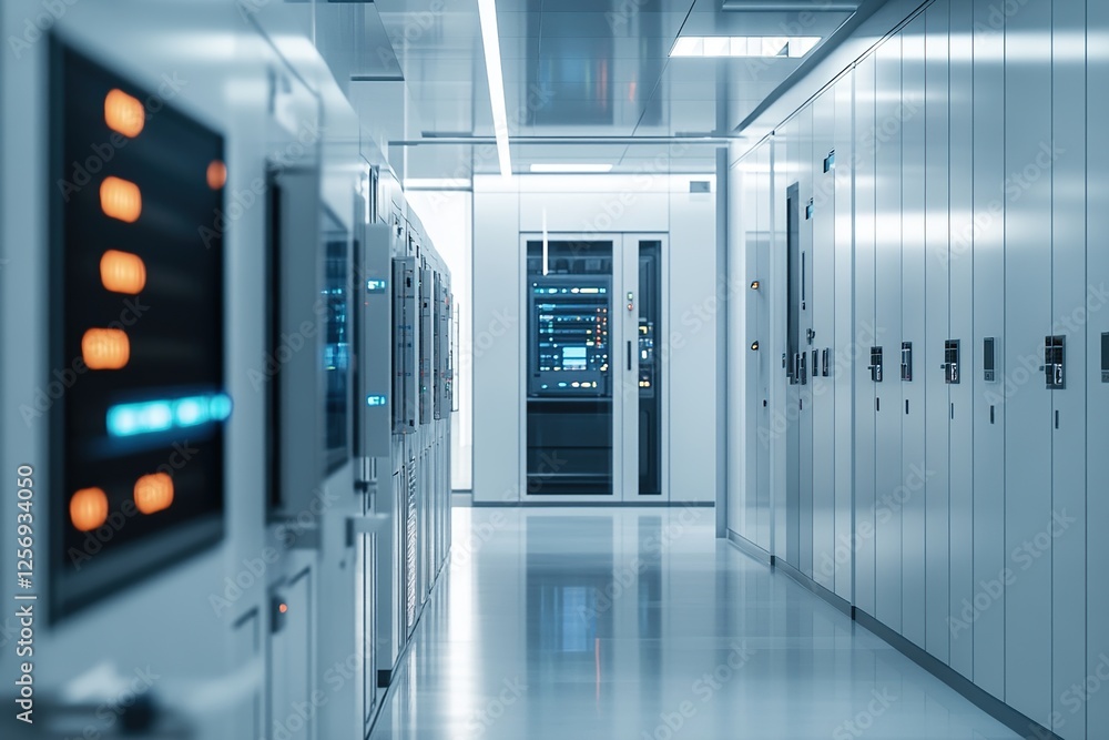 Poster exploring modern data center infrastructure: servers, network, and security systems in a cleanroom e
