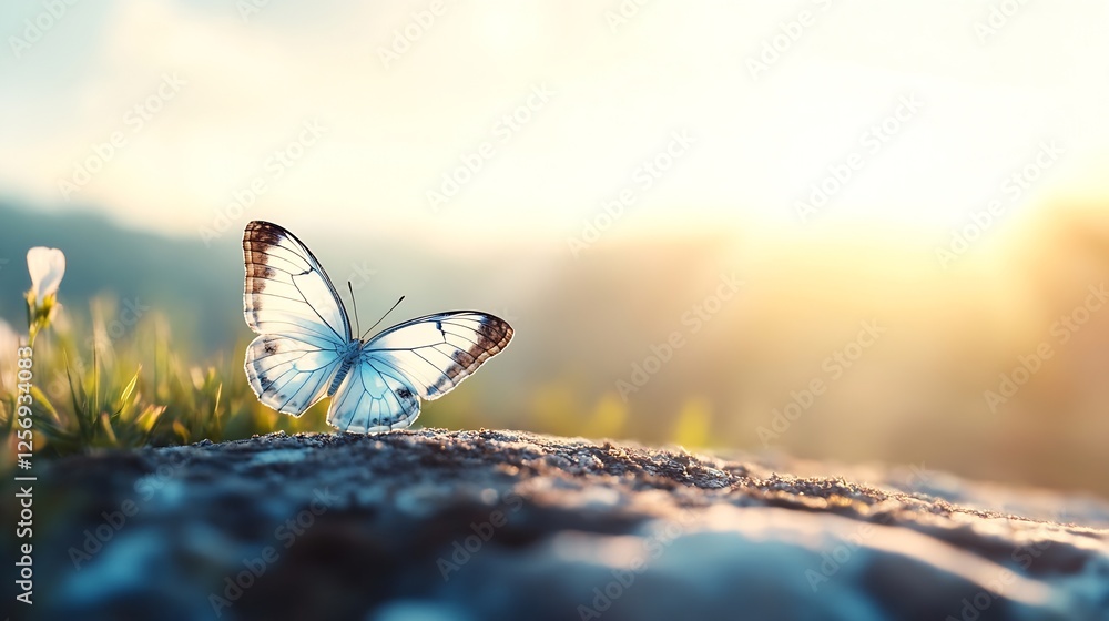 Aufkleber beautiful blue butterfly resting on a stone in sunlight with a soft focus background of nature and g