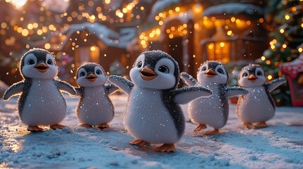 Group of playful penguins enjoying a snowy winter scene near cozy cabins with warm lights