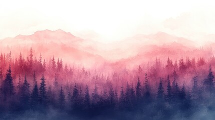 Serene misty forest landscape at dawn with colorful hues and distant mountains in background