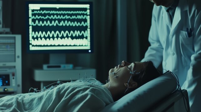 Scientist in lab coat analyzing brainwave patterns on computer monitor while observing sleeping patient with EEG electrodes attached to head in medical setting.	
