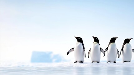 Four penguins walking on icy terrain with a soft blue sky in the background, evoking tranquility