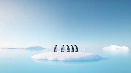 Five penguins standing on a small ice floe in a serene, icy landscape under a clear blue sky