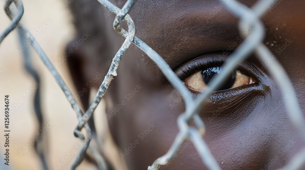 Poster closeup of a child's eye peering through a rusty fence symbolizing innocence and struggle : generati