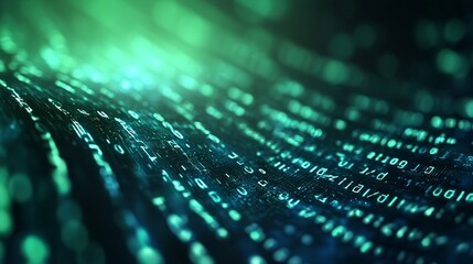 Abstract digital data wave with glowing binary code and green hues for technology and innovation backgrounds : Generative AI