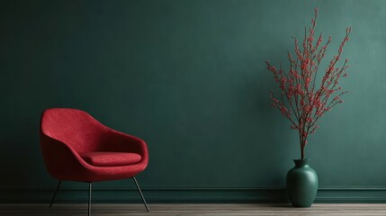 Red armchair, green wall, floral vase, interior design
