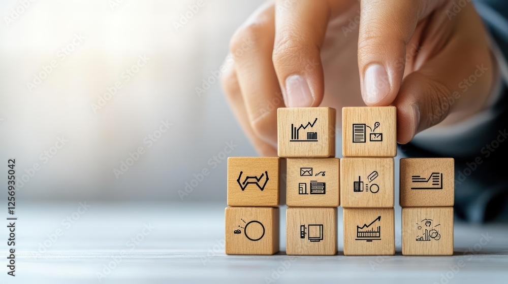 Poster person arranging wooden blocks with various icons on a table for creative play or educational purpos