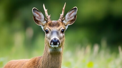 Close up of a young deer with antlers in a lush green meadow showcasing wildlife beauty : Generative AI