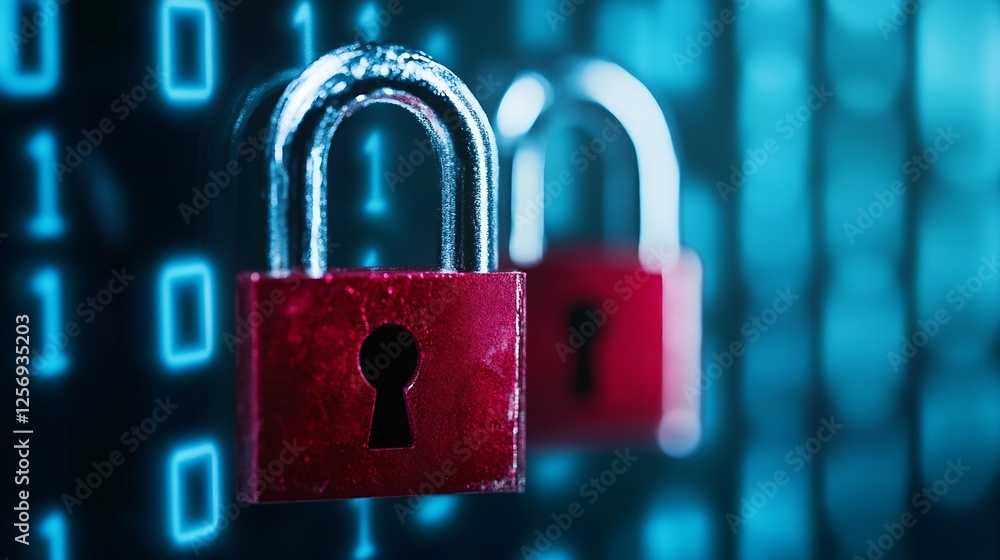 Fototapete High Quality Image of Locked Padlocks in Front of a Digital Binary Code Background Representing Online Security and Privacy : Generative AI