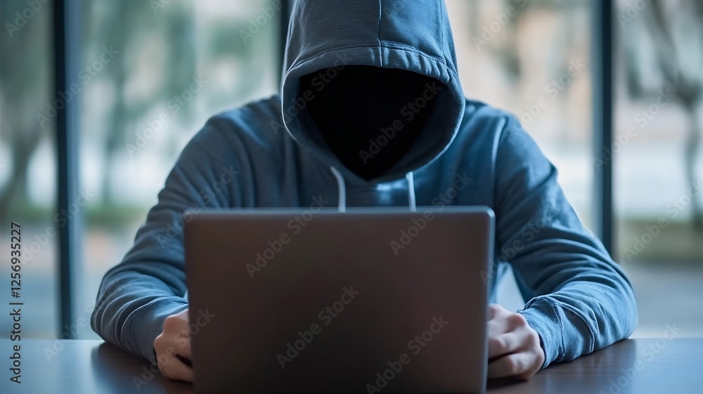 Poster Mysterious Figure in a Hooded Sweatshirt Sitting in Front of a Laptop with a Shadowy Presence and Hidden Identity : Generative AI
